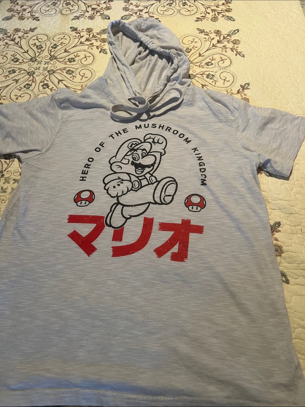 Nintendo Light Gray Short-Sleeve Mario Hoodie Tee with Red Graphic